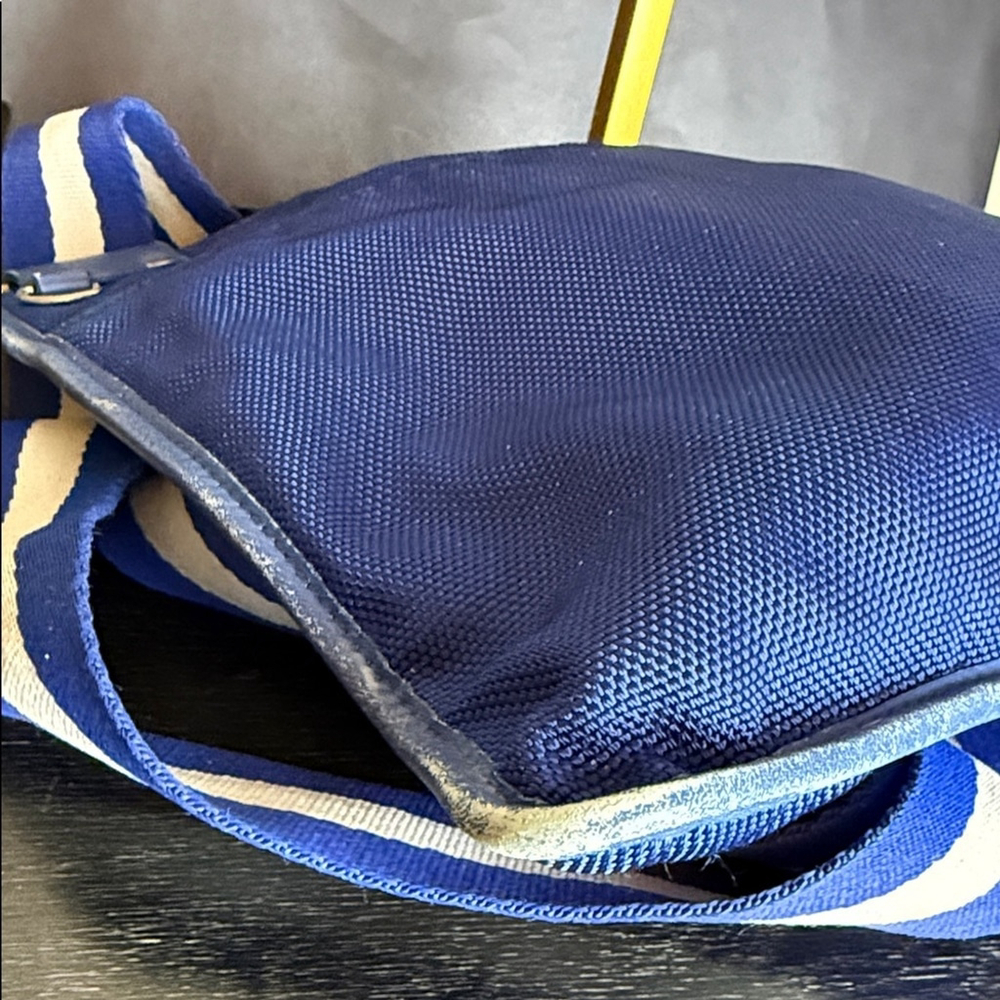 Bally Blue Nylon Canvas Leather Flat Crossbody Messenger Bag Blue White - Picture 6 of 9